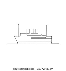 One continuous line drawing of Ship vehicle vector design illustration. Modern and traditional sea vehicle design in simple linear style concept. Ship design for your asset and educational purpose.