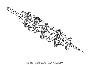 Um desenho de linha contínua de Shish Kebab. Vetor de uma linha desenhado à mão. Traçado editável	