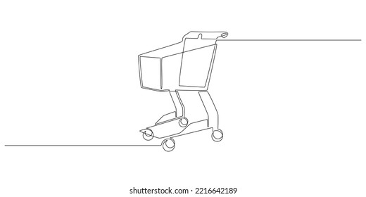 One continuous line drawing of shopping cart. Online shop purchase and supermarket symbol in simple linear style. Buy now trolley concept in editable stroke. Doodle vector illustration