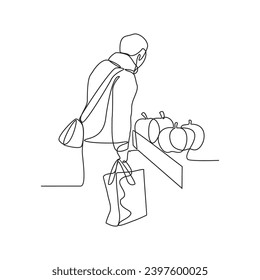 One continuous line drawing of shopping activities in supermarkets by selecting the items you need vector illustration. Supermarket illustration simple linear style vector concept. Market activity.