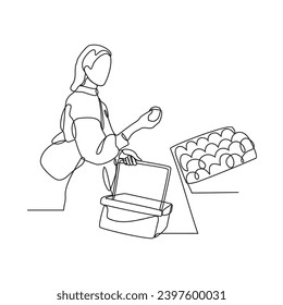 One continuous line drawing of shopping activities in supermarkets by selecting the items you need vector illustration. Supermarket illustration simple linear style vector concept. Market activity.