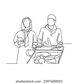 One continuous line drawing of shopping activities in supermarkets by selecting the items you need vector illustration. Supermarket illustration simple linear style vector concept. Market activity.