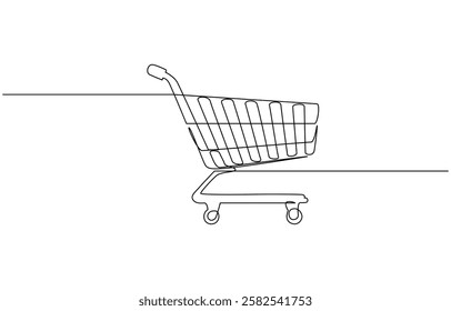 One Continuous Line Drawing of Shopping Icon. Single Line Vector, Shopping cart continuous one art line drawing. Online shopping in store. Trolley shopping cart business concept.