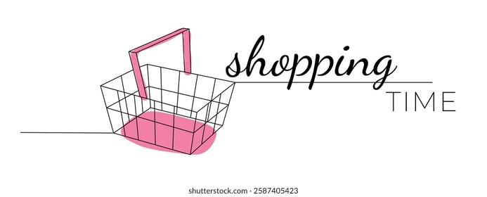 One continuous line drawing of shopping basket. Concept of shopping time. Editable stroke, vector illustration
