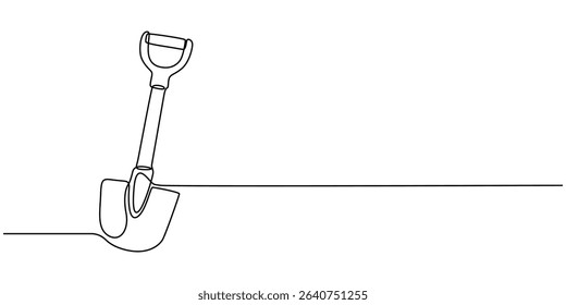 One Continuous Line Drawing of Shovel Icon. Single Line Vector Illustration, Continuous line drawing of shovel. Shovel linear icon. One line drawing background. Vector illustration. Shovel continuous