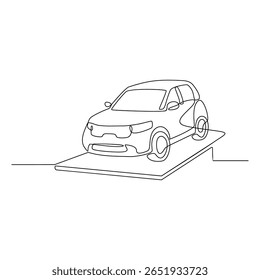 Um desenho de linha contínua da ilustração do projeto do vetor do carro da sala de exposição. Temas de atividade de fábrica de carros projetam em conceito de vetor linear simples. Adequado para sua campanha comercial e design de ativos.