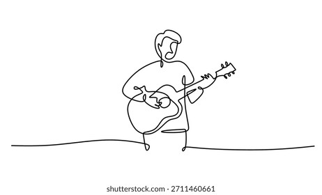 Un dibujo de línea continua muestra a una persona tocando una guitarra acústica, un boceto simple de un músico o artista. Concepto de Ilustración vectorial de entretenimiento musical y performance.