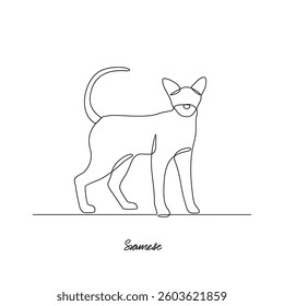 One continuous line drawing of Siamese Cat vector illustration. Various of Cat themes design concept with simple linear style vector. Cats are domesticated mammals, loyalty and companionship to human.