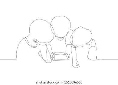 one continuous line drawing of the silhouette of three persons bent over a technical device. Three guys are looking at the tablet screen
