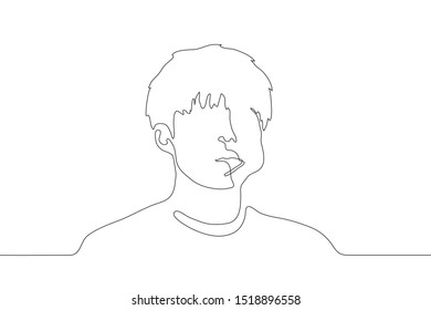 one continuous line drawing silhouette of a young man with a lollipop in his mouth. Portrait on the shoulders of a handsome man with a swollen cheek and a stick out of his mouth. For animation. Vector