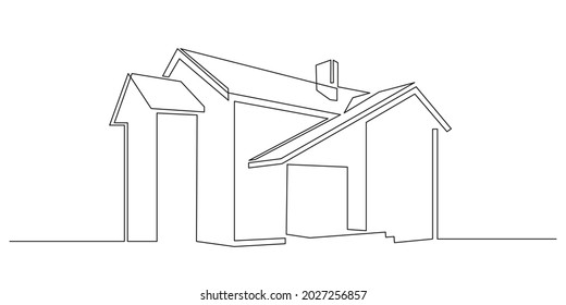 One continuous line drawing of silhouette modern house. Fashionable concept of Home architecture in minimalistic black linear design. Doodle Vector illustration