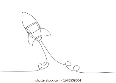 One continuous line drawing of simple retro spacecraft flying up to the outer space nebula. Rocket space ship launch into universe concept. Dynamic single line draw design vector graphic illustration