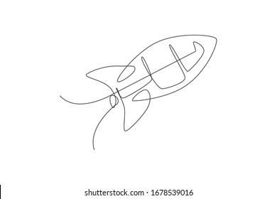 One continuous line drawing of simple retro spacecraft flying up to the outer space nebula. Rocket space ship launch into universe concept. Dynamic single line draw graphic design vector illustration