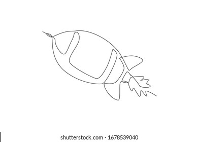 One continuous line drawing of simple retro spacecraft flying up to the outer space nebula. Rocket space ship launch into universe concept. Dynamic single line draw design graphic vector illustration