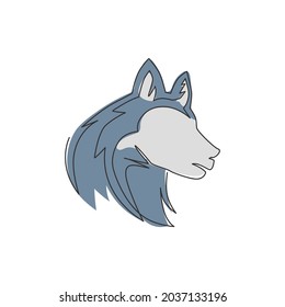 One continuous line drawing of simple cute siberian husky puppy dog head icon. Mammals animal logo emblem vector concept. Modern single line draw graphic design illustration