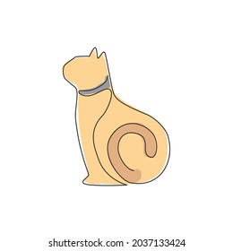 One continuous line drawing of simple cute cat kitten icon. Kitty mammals animal logo emblem vector concept. Trendy single line draw graphic design illustration