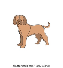 One continuous line drawing of simple cute beagle puppy dog icon. Mammals animal logo emblem vector concept. Dynamic single line draw graphic design illustration