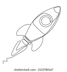 One continuous line drawing of simple retro spacecraft flying up to the outer space nebula. Rocket space ship launch into universe concept. Dynamic single line draw design vector graphic illustration