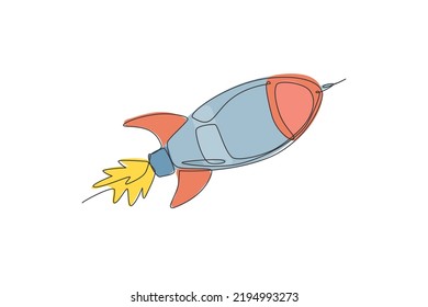 One continuous line drawing of simple retro spacecraft flying up to the outer space nebula. Rocket space ship launch into universe concept. Dynamic single line draw design graphic vector illustration