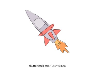 One continuous line drawing of simple retro spacecraft flying up to the outer space nebula. Rocket space ship launch into universe concept. Dynamic single line draw design vector graphic illustration