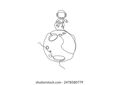 One continuous line drawing of simple line astronaut walking at the moon. Astronaut and Rocket space ship launch into universe concept. Dynamic single line draw design vector graphic illustration