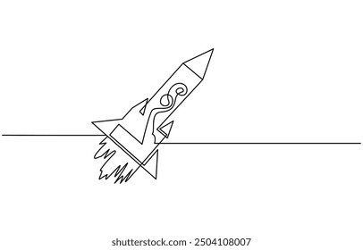 One continuous line drawing of simple retro spacecraft flying up to the outer space nebula, Rocket space ship launch into universe concept, vector illustration