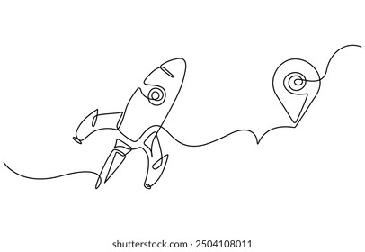 One continuous line drawing of simple retro spacecraft flying up to the outer space nebula, Rocket space ship launch into universe concept, vector illustration