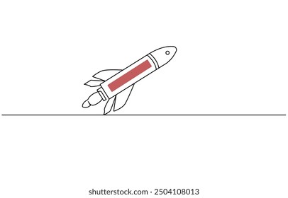 One continuous line drawing of simple retro spacecraft flying up to the outer space nebula, Rocket space ship launch into universe concept, vector illustration