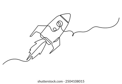 One continuous line drawing of simple retro spacecraft flying up to the outer space nebula, Rocket space ship launch into universe concept, vector illustration