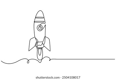 One continuous line drawing of simple retro spacecraft flying up to the outer space nebula, Rocket space ship launch into universe concept, vector illustration