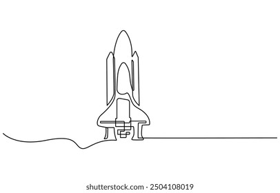 One continuous line drawing of simple retro spacecraft flying up to the outer space nebula, Rocket space ship launch into universe concept, vector illustration
