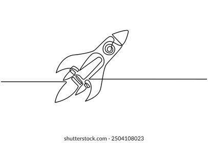 One continuous line drawing of simple retro spacecraft flying up to the outer space nebula, Rocket space ship launch into universe concept, vector illustration