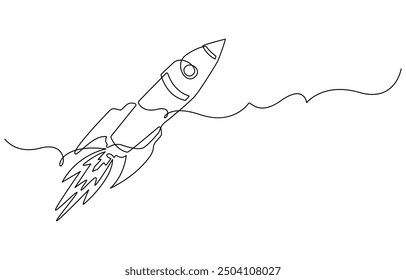 One continuous line drawing of simple retro spacecraft flying up to the outer space nebula, Rocket space ship launch into universe concept, vector illustration