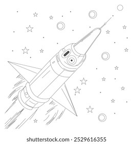 One continuous line drawing of simple retro spacecraft flying up to the outer space nebula. Rocket spaceship launch into universe concept.a rocket drawn with a single black line