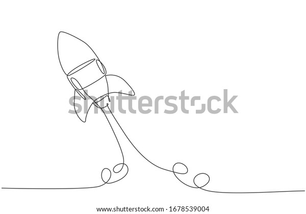One continuous line drawing of simple retro\
spacecraft flying up to the outer space nebula. Rocket space ship\
launch into universe concept. Dynamic single line draw design\
vector graphic\
illustration