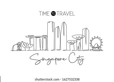 One continuous line drawing of Singapore city skyline. Beautiful landmark. World landscape tourism and travel vacation poster print. Editable stylish stroke single line draw design vector illustration