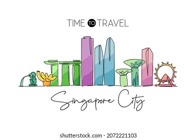 One continuous line drawing of Singapore city skyline. Beautiful landmark. World landscape tourism and travel vacation poster print. Editable stylish stroke single line draw design vector illustration