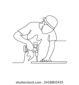 Un dibujo de línea continua de un trabajador del sitio es la perforación en madera en la construcción de ilustraciones vectoriales del proyecto. Ilustración de la actividad del sitio de construcción simple concepto de vector de estilo lineal.