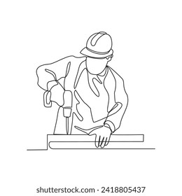 One continuous line drawing of a site worker is drilling into wood in building project vector illustration. Building construction site activity illustration simple linear style vector concept.