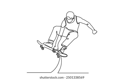 One Continuous line drawing of a skateboarder young teenage man. A Single-line skateboarder jumping boy playing with a skateboard isolated on a white background.