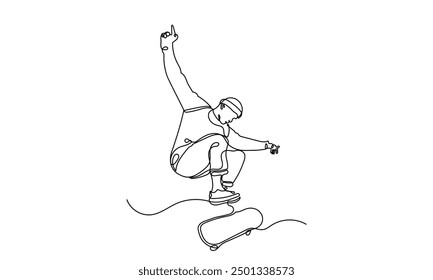 One Continuous line drawing of a skateboarder young teenage man. A Single-line skateboarder jumping boy playing with a skateboard isolated on a white background.