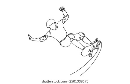 One Continuous line drawing of a skateboarder young teenage man. A Single-line skateboarder jumping boy playing with a skateboard isolated on a white background.