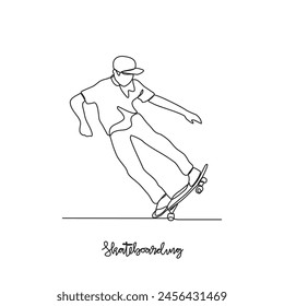 One continuous line drawing of Skateboarding sports vector illustration. Skateboarding sports design in simple linear continuous style vector concept. Sports themes design for your asset design.