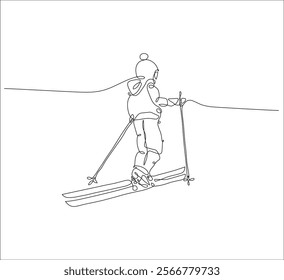 One continuous line drawing of skiing and snowboarding. single line of child playing ski. skiing art illustration
