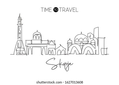 One continuous line drawing of Skopje city skyline, Macedonia. Beautiful landmark. World landscape tourism and travel vacation. Editable stylish art stroke single line draw design vector illustration