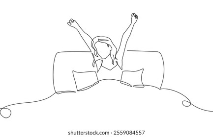 One Continuous Line Drawing of Sleeping Woman. Abstract Sleep Concept with Female Silhouette in Simple Linear Style. Woman Relax in Editable Stroke. Yoga Zen Doodle Contour Vector Illustration. Not AI