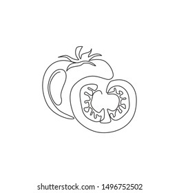 One Continuous Line Drawing Slice Healthy Organic Tomatoes For Farming Logo Identity. Fresh Tropical Vegetable Concept For Vegir Garden Icon. Modern Single Line Draw Graphic Design Vector Illustration