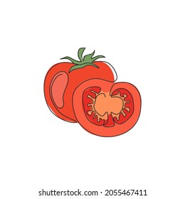 One continuous line drawing slice healthy organic tomatoes for farming logo identity. Fresh tropical vegetable concept for vegir garden icon. Modern single line draw graphic design vector illustration