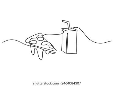 one continuous line drawing of slice pizza and soft drink isolated on white background. food minimalist concept vector illustration.