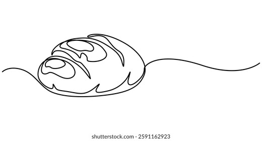 One continuous line drawing of a slice of bread. Simple design for breakfast and food concepts, Continuous line art drawing Bread in the form of a baguette Long sandwich bread. bakery and pro concept.